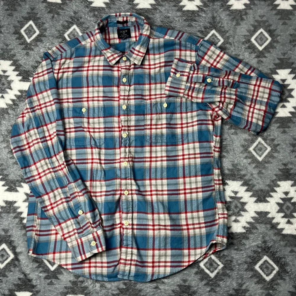 J Crew Flannel Slim Fit Plaid Shirt Blue Red XL Mens Long Sleeve 92937 FA15